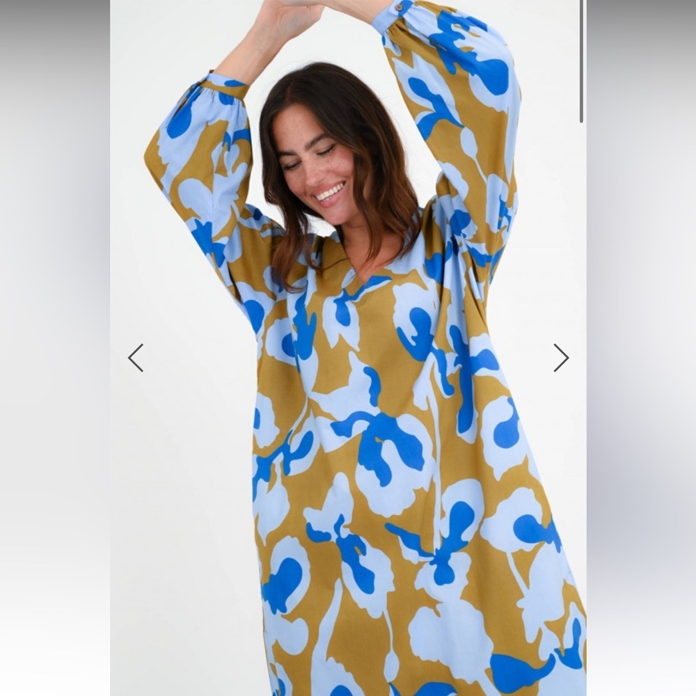 Closed Puff Sleeve Dress in Oceanic Blue In Multi